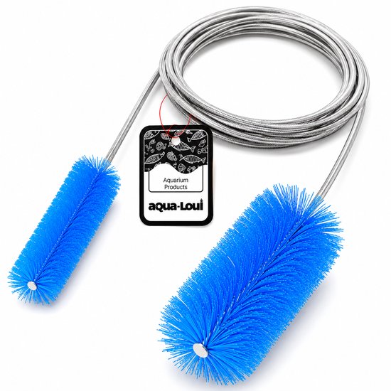 Aqua-Lui aquarium slangreiniger set met twee blauwe borstels en flexibele RVS kabel. Productinformatie op label.