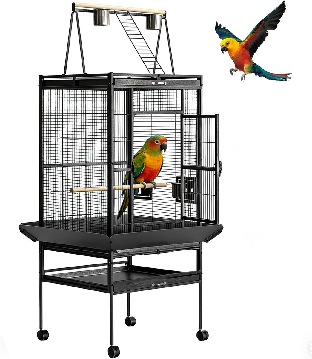 69" vogelkooi met rolonderstel - Ruime vogelkooi met opbergplank - Inclusief uitneembare bak, zitstok en 2 voerbakjes - Vogelkooi voor parkieten en dwergpapegaaien - 175×81×75 cm - Zwart
