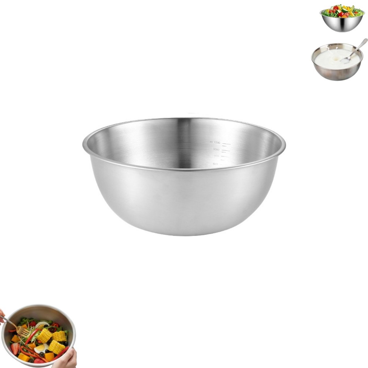 1 stuk - Roestvrijstalen mengkom - Saladekom met maatverdeling - Metalen saladekom van 1200 ml - Ronde fruitschaal van 19,3 cm - Herbruikbare mengkom - Multifunctionele kookkom - Geschikt voor bakken, salades maken en voedselbereiding