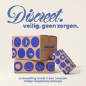 Drie bruine kartonnen dozen van Bol.com met blauwe cirkels en iconen. "Discreet. veilig. geen zorgen."