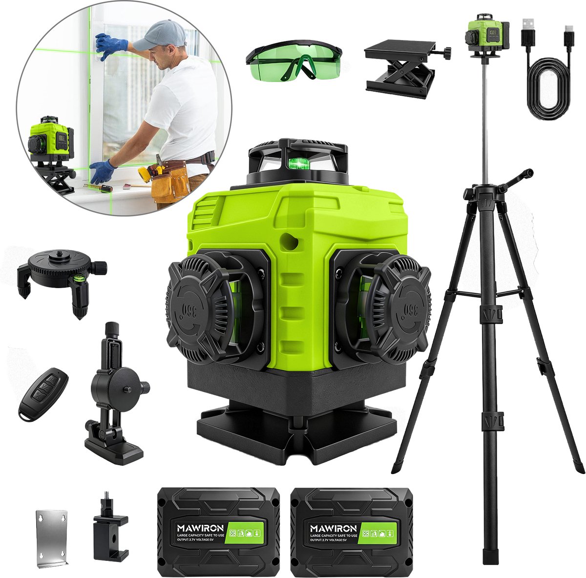 360° Groene laserwaterpas compleet‑set, inclusief statief van 1‑meter, 2 stuks 800mAh‑batterijen (Type‑C), afstandsbediening en alle montage‑accessoires