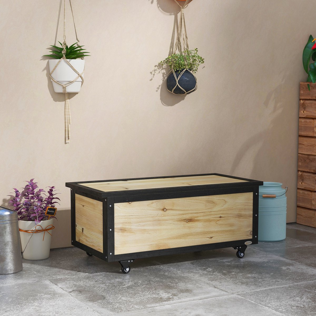 HAUSS SPOLE Kussenbox - Ruime Opbergbox Met Wielen En Klepdeksel - Voor Balkon En Terras - Hout - 100x50x43 Cm - Naturel Zwart