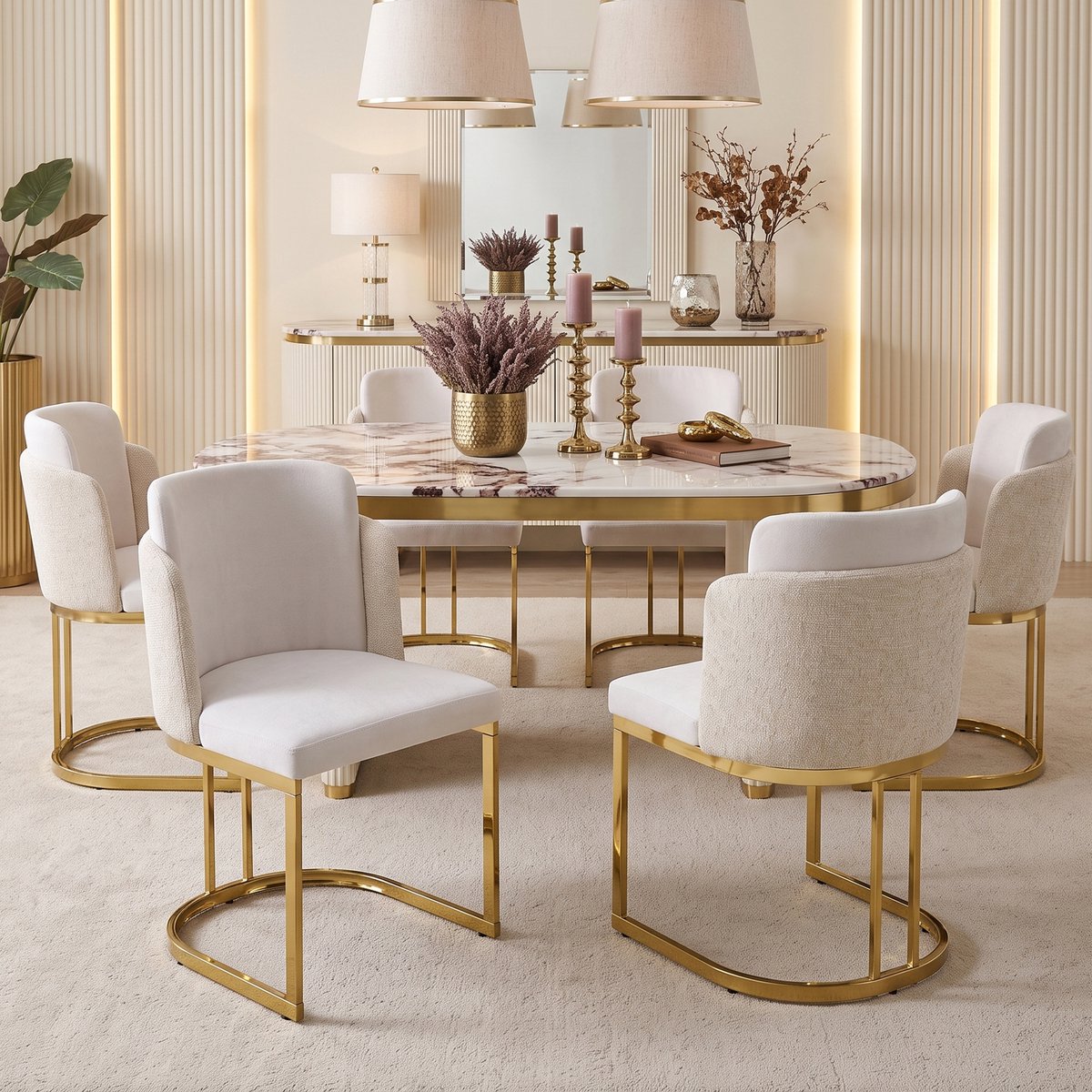 Pugsdrly 4 eetkamerstoelen, comfortabel en ademend, geschikt voor restaurants, woonkamers, cafés en andere locaties, moderne stijl, goudkleurig gegalvaniseerde stoelpoten, chenille-stof, beige + goud