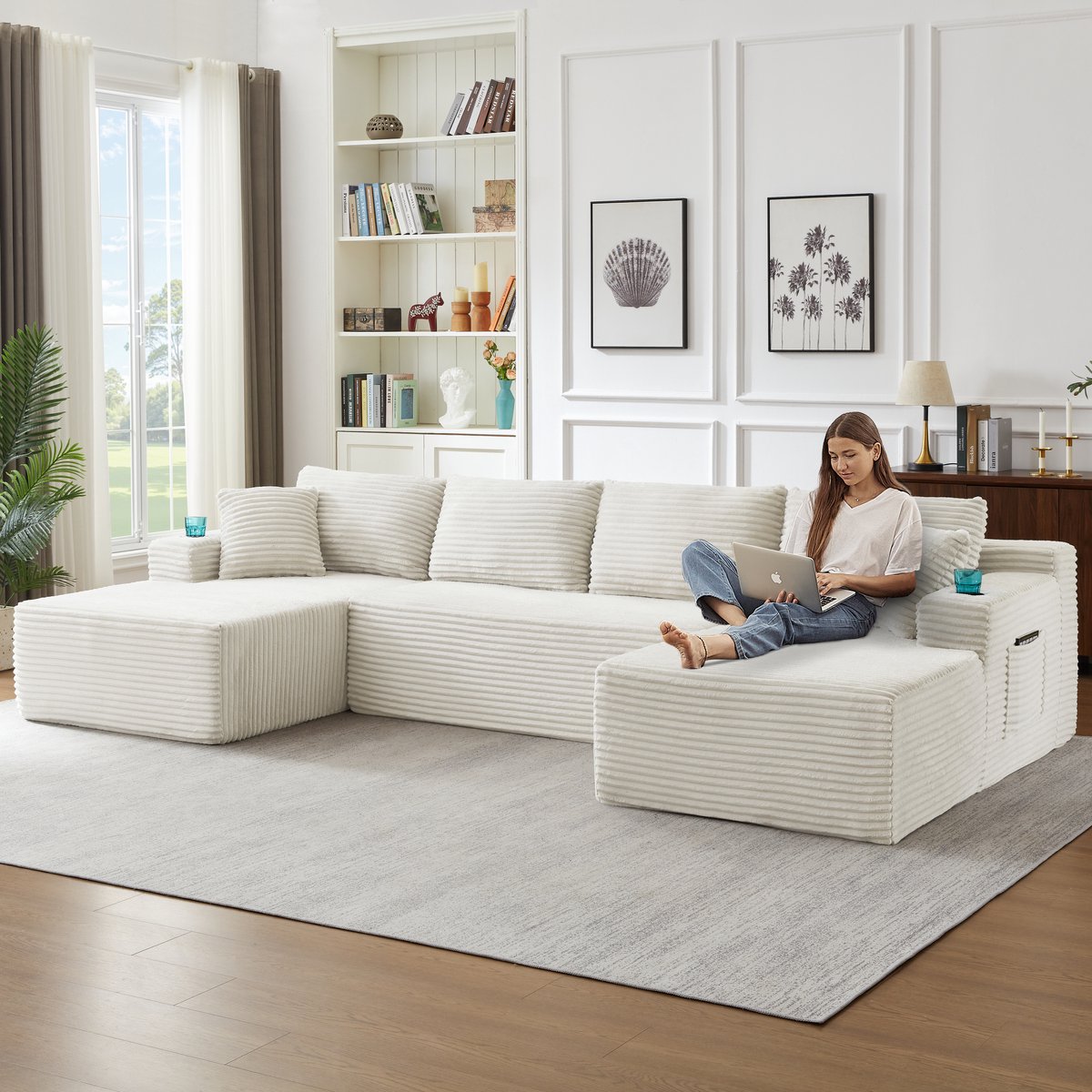 Modulaire U Bank Van Zachte Corduroy Met Diepe Zit En Drie Verplaatsbare Delen Voor Comfortabel Loungen In De Woonkamer In Beige