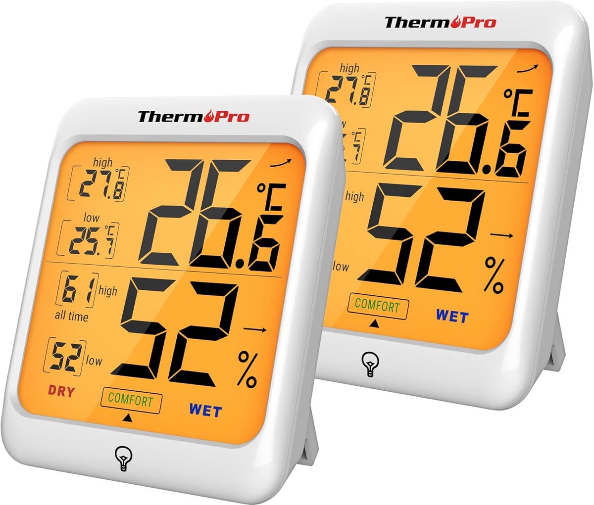 SnelShoppen - Digitale Thermo-Hygrometer ThermoPro TP53 - Professionele Temperatuur- en Luchtvochtigheidsmeter - 3.3 inch LCD Scherm met Oranje Achter