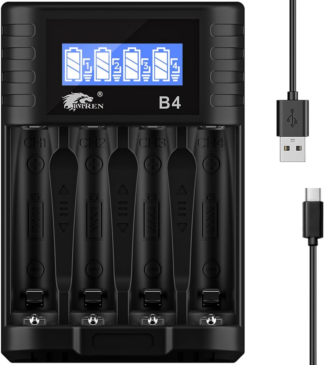 SnelShoppen - Snelle AA AAA Batterijlader met 4 Slots en LCD Display - Oplaadbare NiMH/NiCD Batterijen - USB-C Fast Charging voor Thuis, Camping en Me