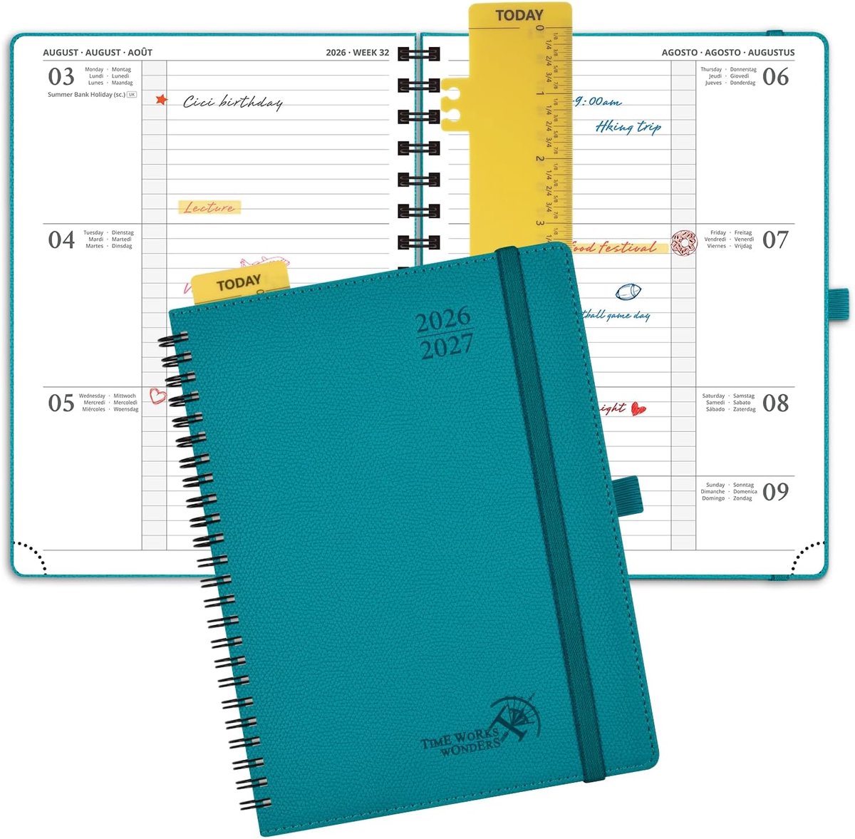 SnelShoppen - POPRUN Kalender 2026 2027 Horizontale Weekplanner A5 - Ringboek met Softcover, Pacific Groen, 17 Maanden Planning, 1 Week 2 Pagina's, Di