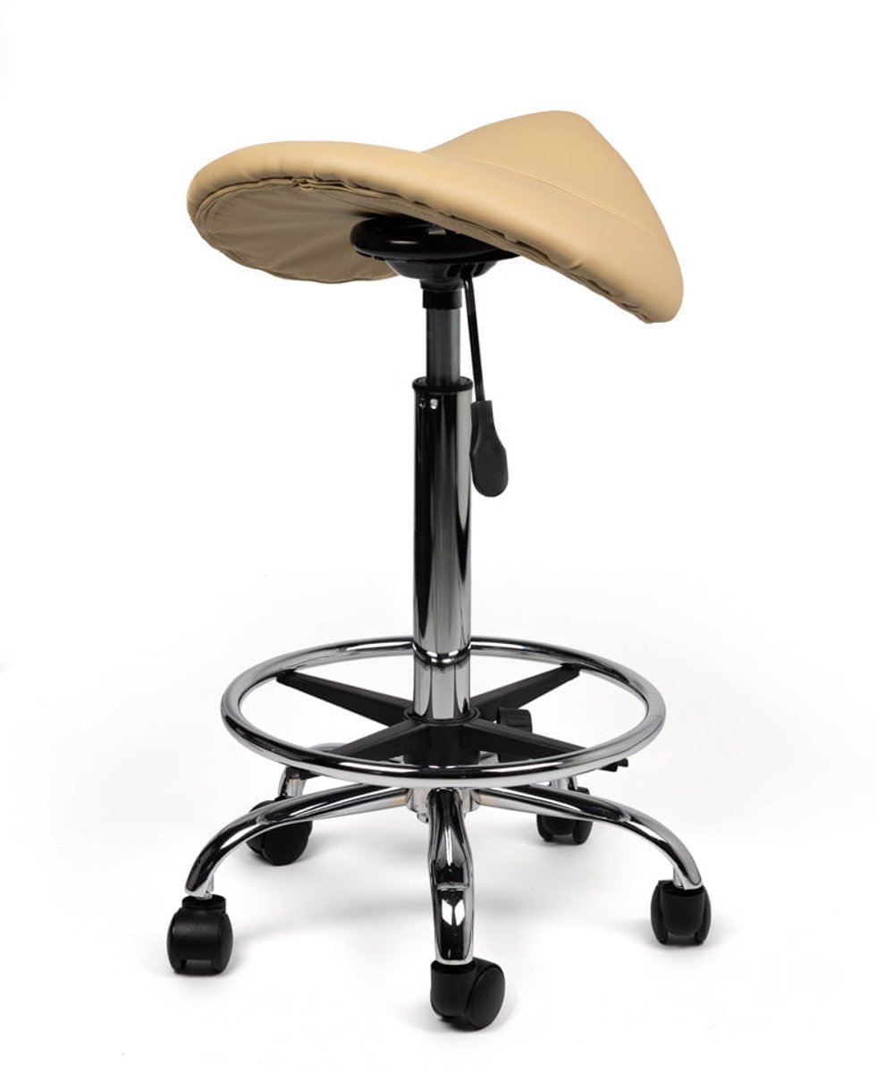 Zadelkruk Beige – Ergonomische Zadelstoel met Wielen – Verstelbare Werkkruk voor Salon, Kappers & Thuisgebruik - Zithoogte 70-84cm - met Voetsteun