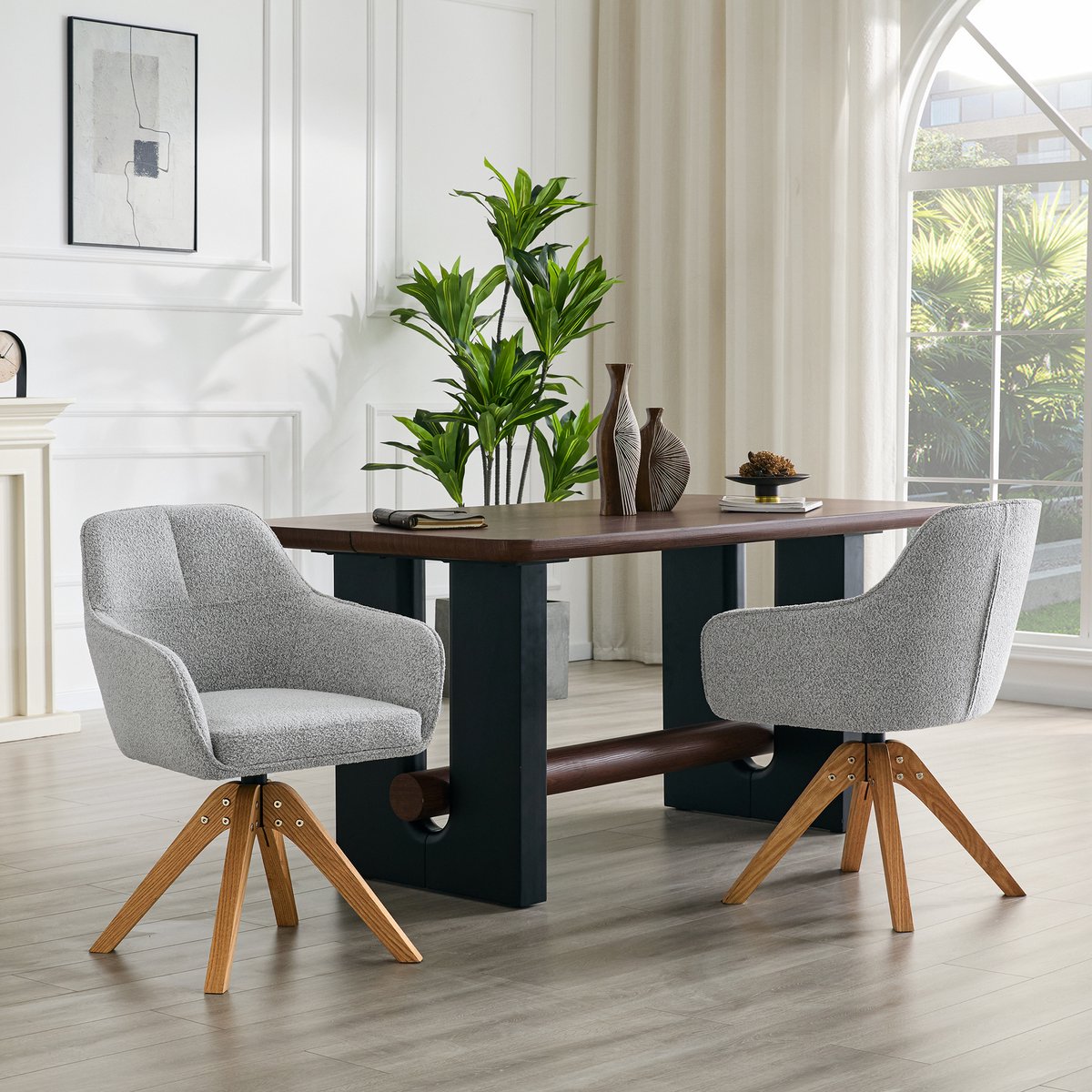 COVREO Eetkamerstoel set van 2 82 cm - 360° draaibaar, stof, armleuningen, grijs