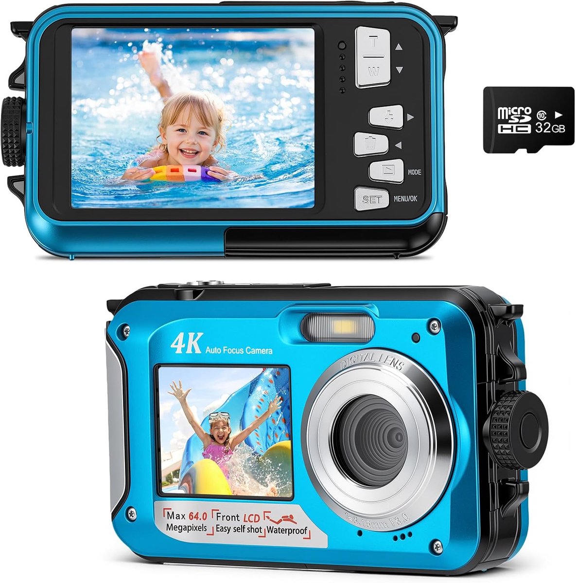 SnelShoppen - Onderwatercamera 64 MP met Autofocus en 4K Video, IP68 Waterdichte Digitale Camera tot 16 ft, Snorkelen, 32 GB Kaart, Dual Display, 16x