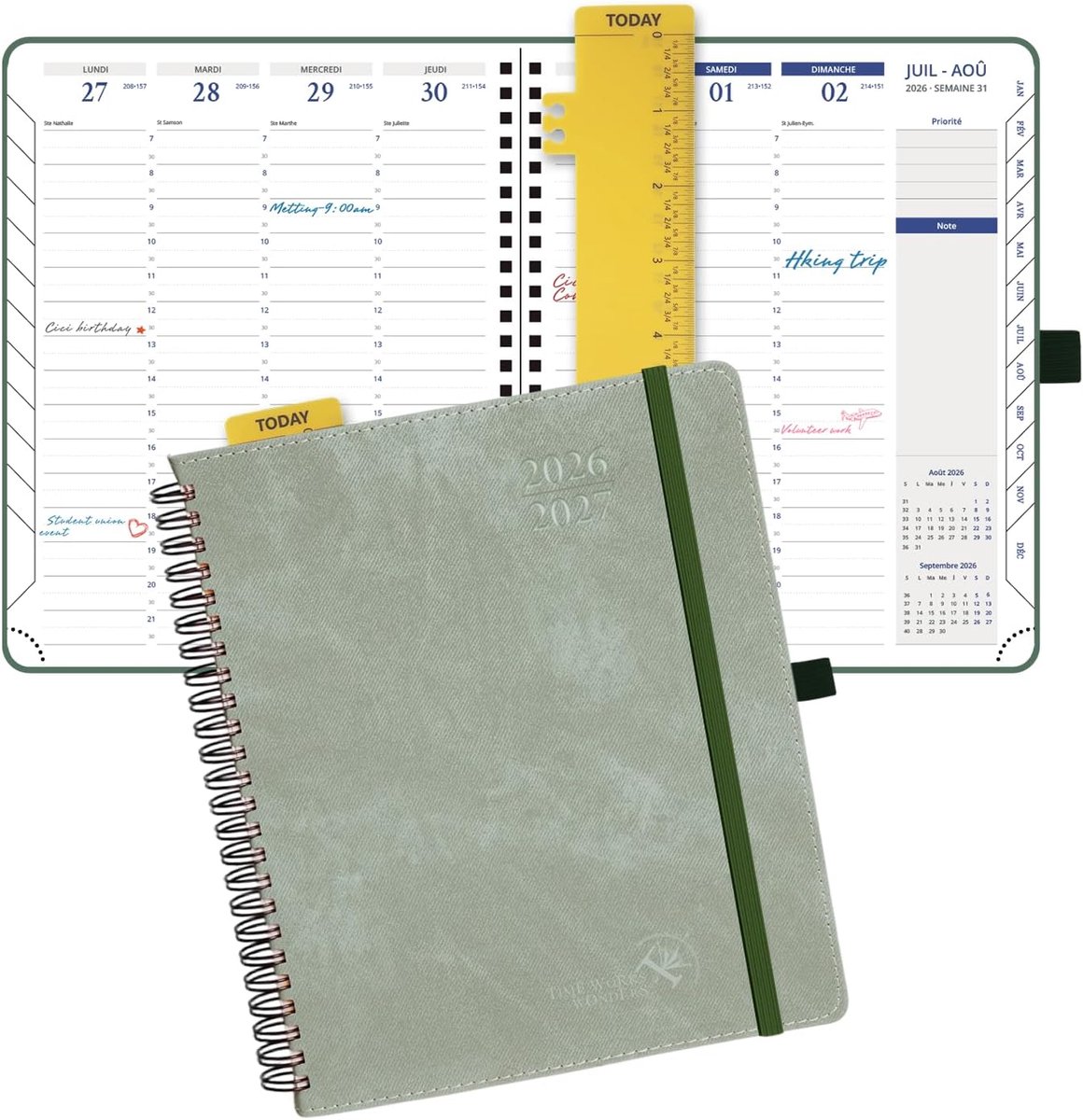 SnelShoppen - Agenda 2026-2027 Weekplanner Ringband Softcover 17.5 x 21.3 cm, Olive Groen, 2 Pagina's per Week, 30 Minuten Afstand, Perfect voor Organ