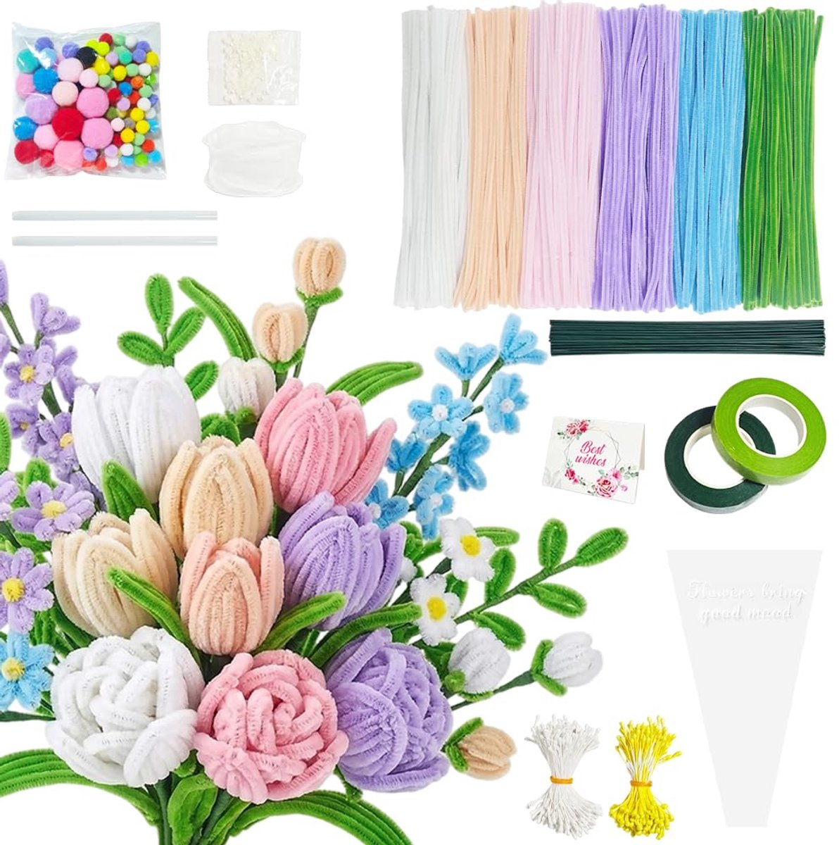 SnelShoppen - 500 Stuks Pijp Reinigers, Creatieve Bloemen Set in 6 Kleuren, DIY Ambachtelijke Pijp Reinigers voor Moederdag, Feestjes en Cadeaus