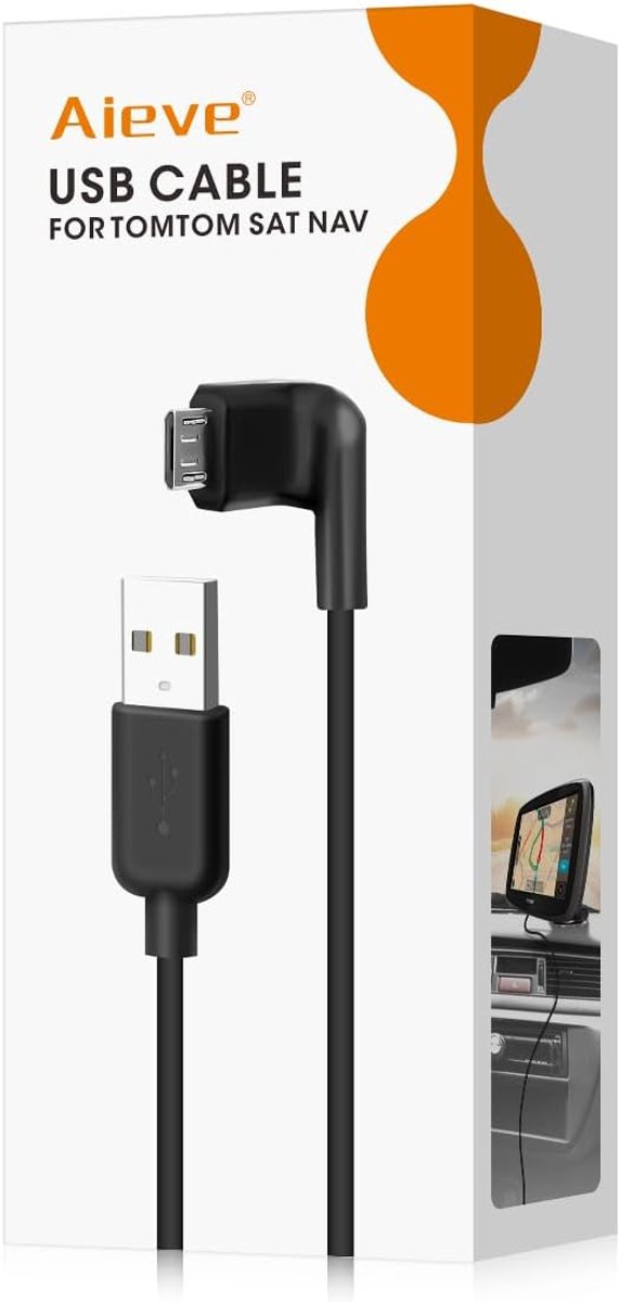 SnelShoppen - Oplaadkabel voor TomTom Navigatie, USB Oplaadkabel 1.5M, 90 Graden Ontwerp, Zwart, Compatibel met TomTom Start 42/52/62 en Go 520/620, D