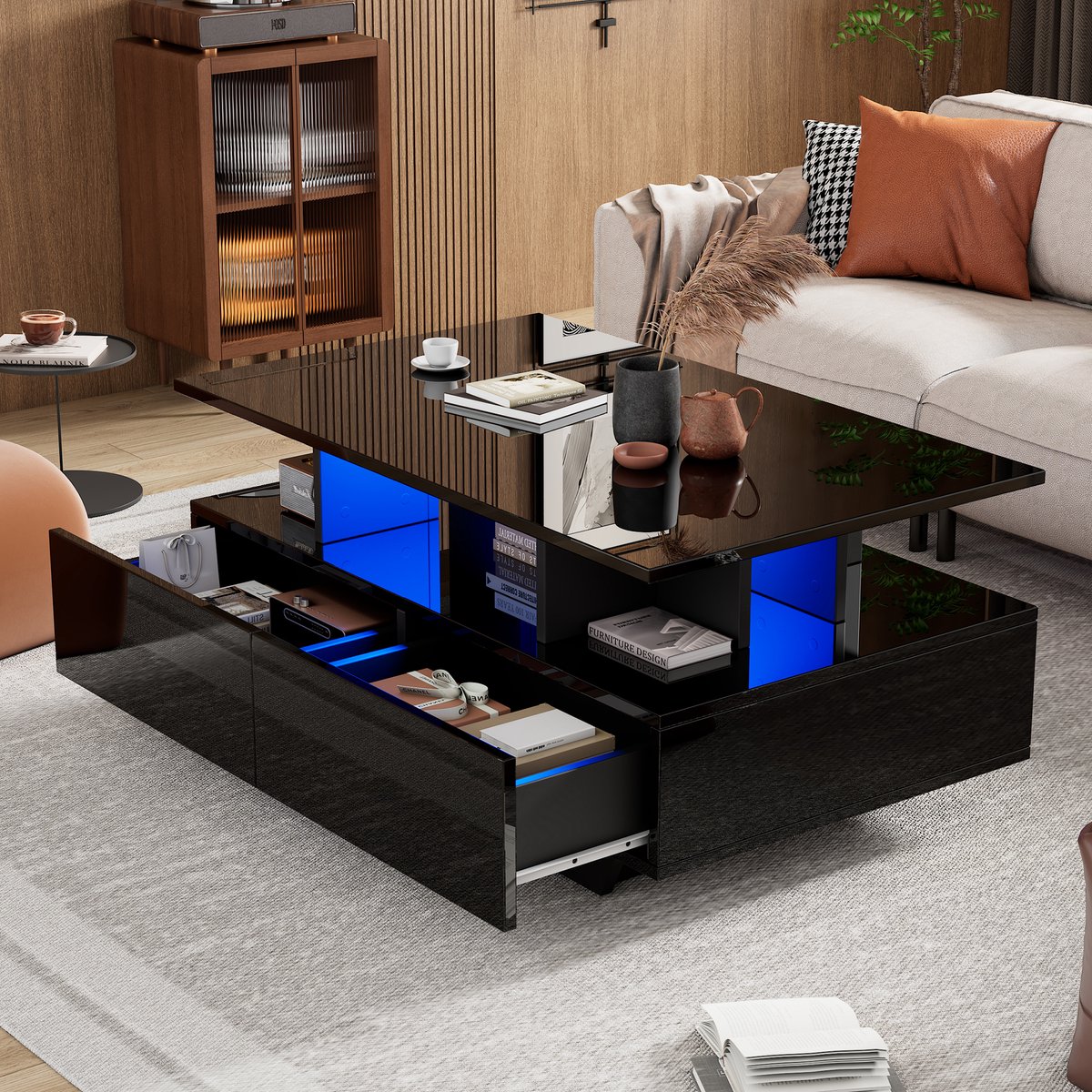 COVREO Salontafel 90x55x41 cm zwart hoogglans met 2 lades en LED-verlichting