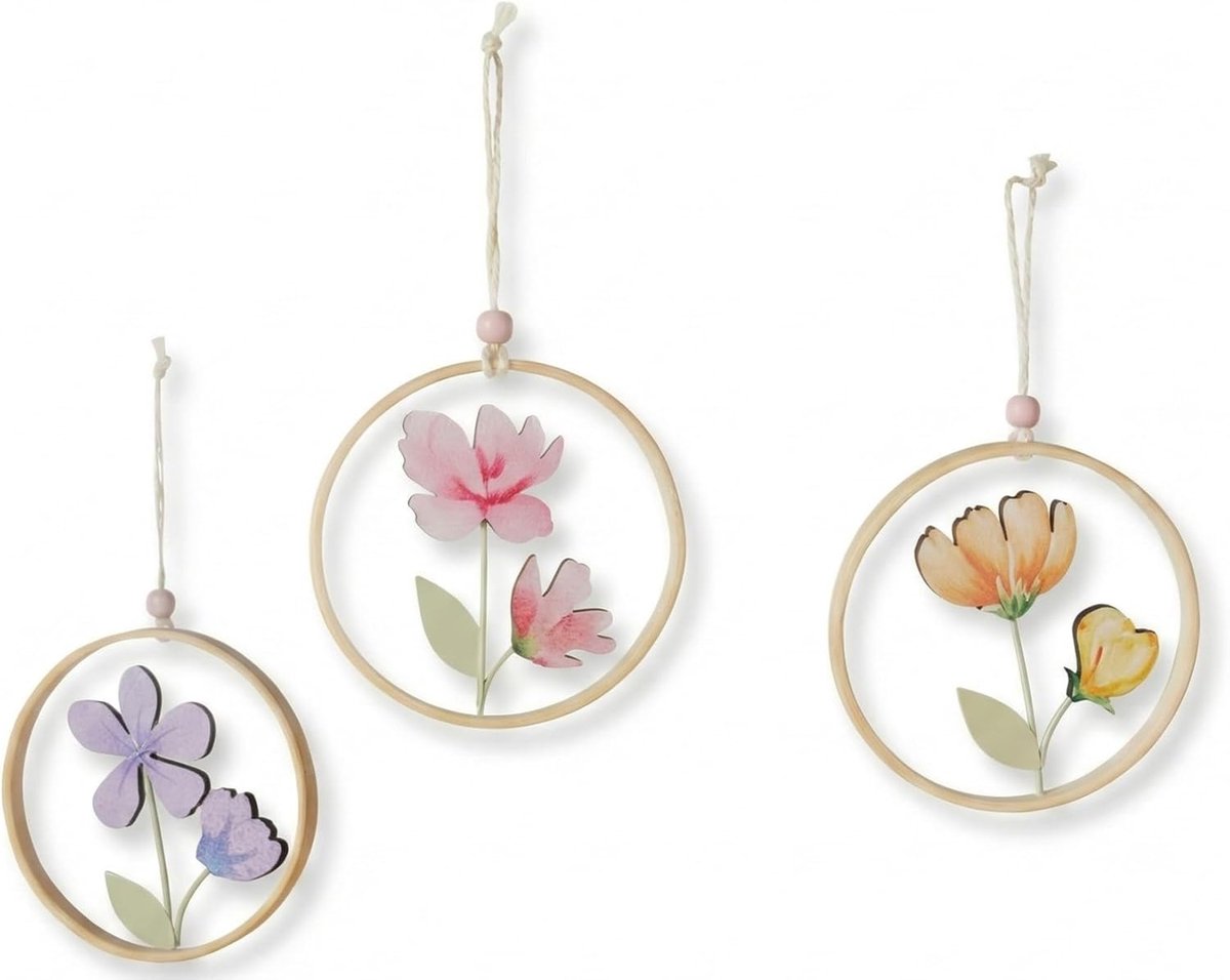 SnelShoppen - Lentedecoratie om op te hangen, set van 3 houten bloemenhangers, kleurrijke raamdecoratie en paasdecoratie met bloemenmotieven voor binn