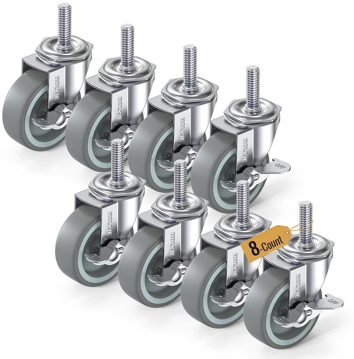 SnelShoppen - Pack van 8 M10 Zwenkwielen met Rem, Stalen Behuizing, 540 kg Capaciteit, Grijs, Perfect voor Meubels, Gereedschap, en Apparatuur