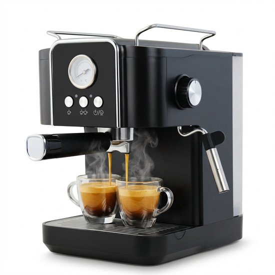 Zwarte Golermo espressomachine die koffie zet in twee glazen mokken.