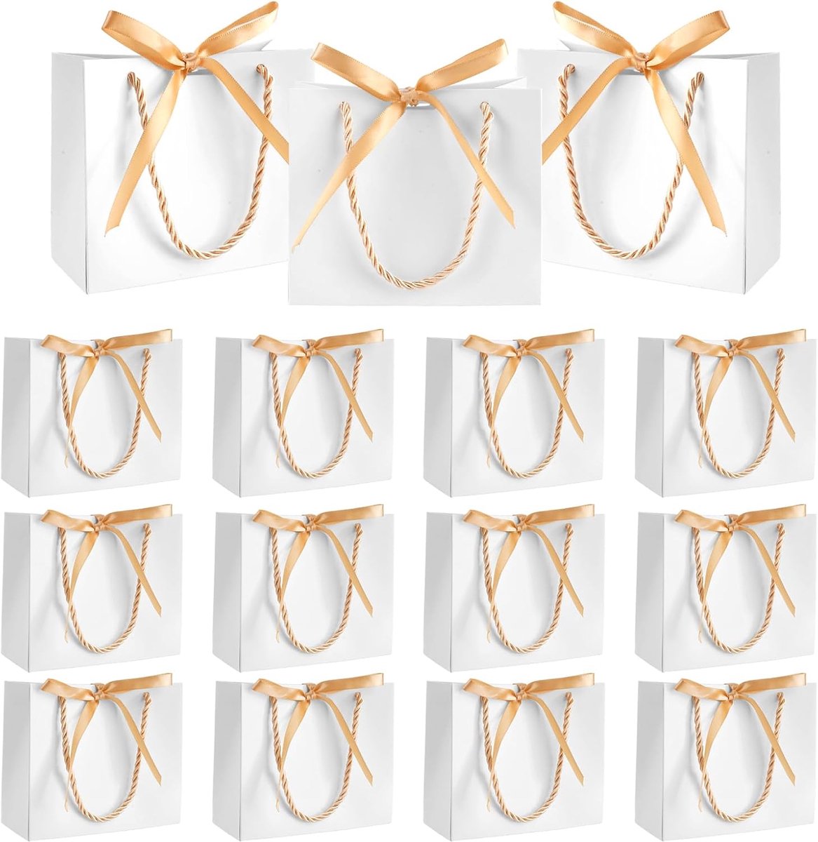 SnelShoppen - 12 Stuks Cadeautassen Wit Goud met Ribbons, 14x6x12 cm, Stevige Papieren Tassen voor Bruiloft, Verjaardag, Feest, Eco-vriendelijk, Met H