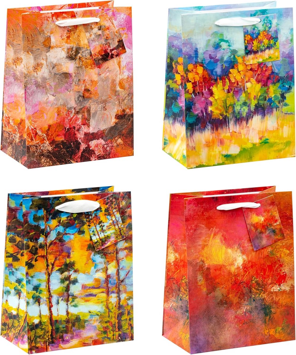 SnelShoppen - Cadeautassen Set van 4 - Medium (23x18x10 cm) - Art on Canvas Motieven - Matte PP Film - Water- en Scheurbestendig - Feest, Verjaardag,