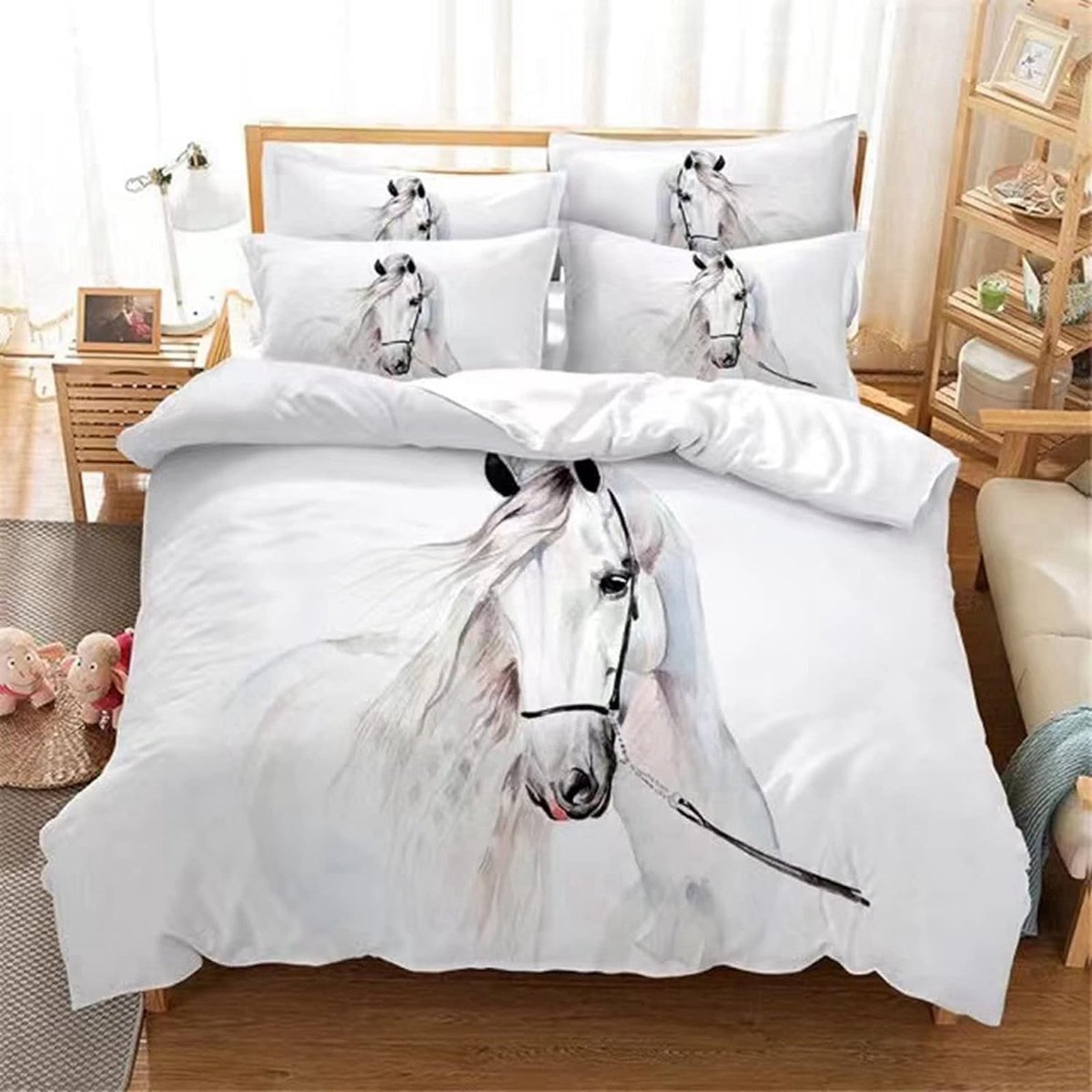 SnelShoppen - Horse Bedding Set - 3D Microfibre Dekbedovertrek Set voor Kinderen en Tieners - 3-delig met Kussenslopen - Paarden Motief - 200 x 200 cm