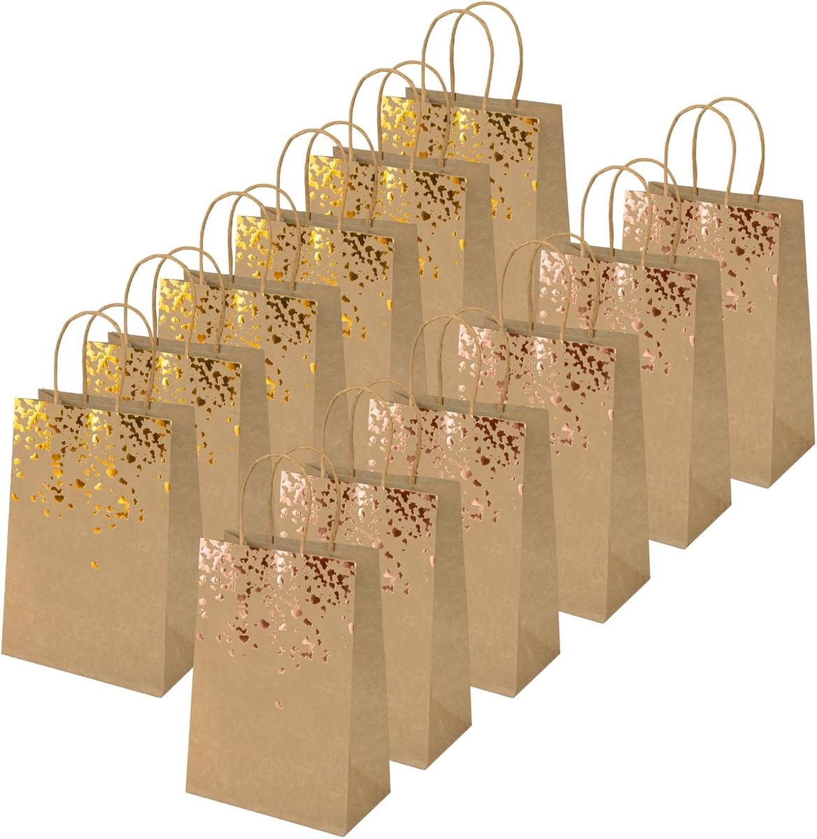 SnelShoppen - Set van 12 Kraft Papieren Tassen met Handvat, Bronzing Kraft Tassen met Hartdecoratie, Feestgift Tassen, Cadeautassen voor Verjaardagen,