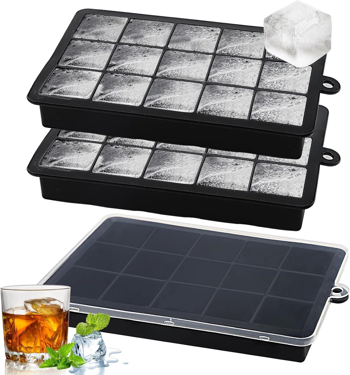 SnelShoppen - 3 Stuks Silicone IJsblokjes Mallen, Flexibele IJsblokjesvormen met Deksel, Grote Vierkante IJsblokjes voor Cocktails, Whisky, Wijn, Frui
