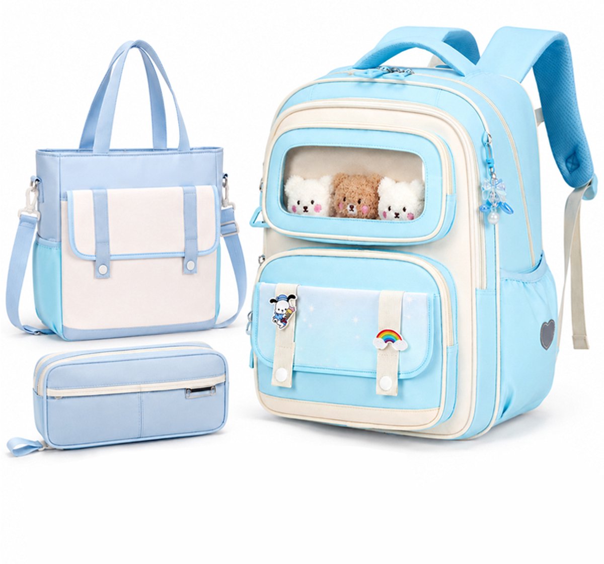 VHV - Schooltas - Rugzak meisje - Schooltas meisje - Kinderrugzak - Kleuterrugzak - Ergonomisch - Lichtgewicht - Voor basisschool en kinderopvang - Inclusief bijlestas en etui - 20 Liter - 42*30*15cm - Blauw