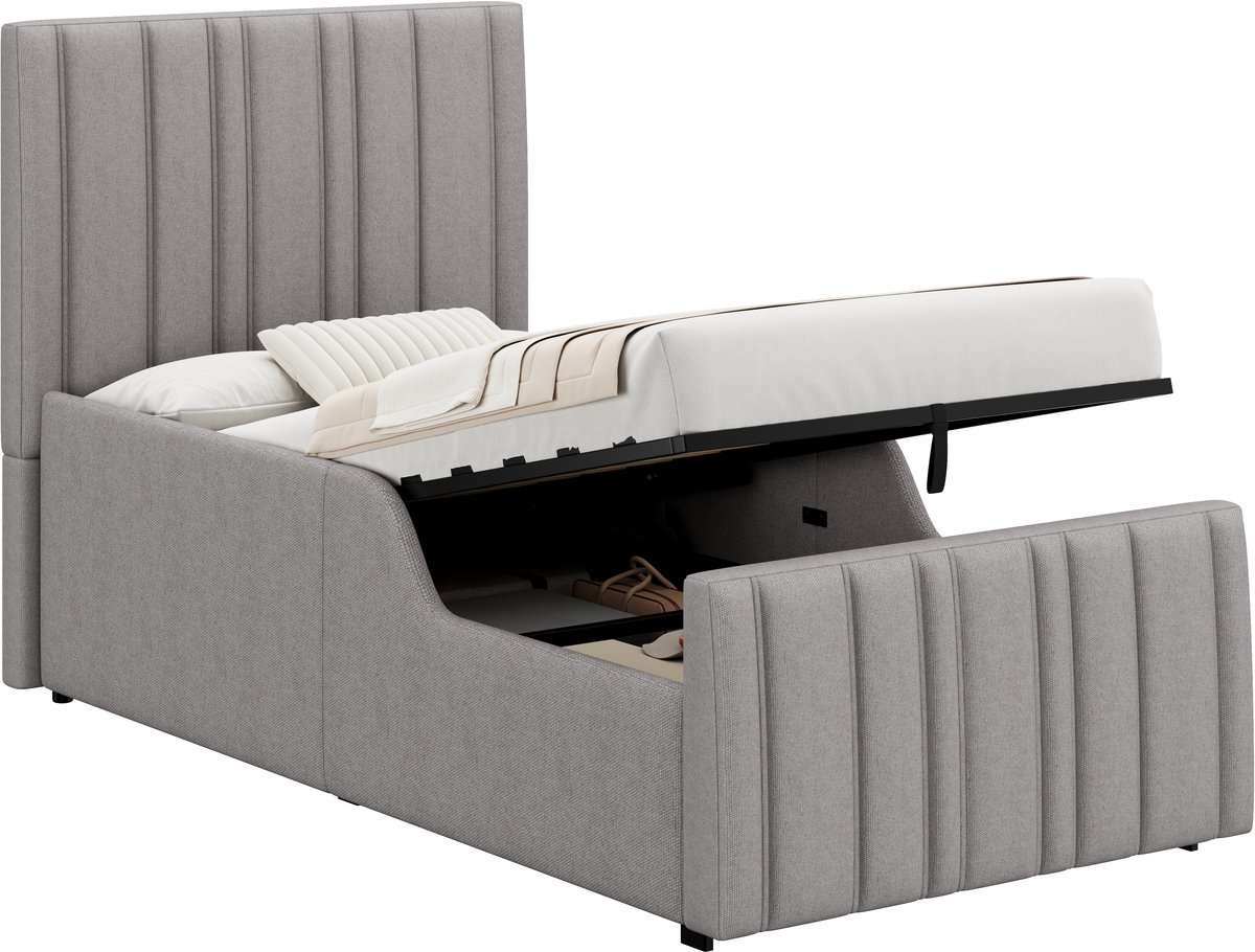 Kinderbed 90x200 cm - Eenpersoonsbed Met Hydraulische Opbergruimte en Lattenbodem - Zonder Matras - Stoffen Bed - Grijs