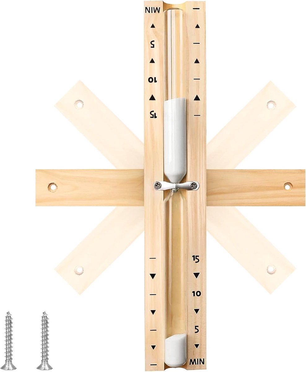 SnelShoppen - Sauna Accessoire Hourglass 15 Minuten, 360° Draaiende Sauna Klok van Hout en Glas met Natuurlijke Zand en Roestvrijstalen Schroeven