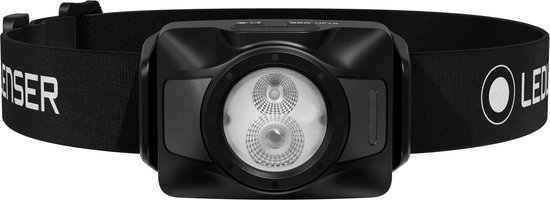 Vooraanzicht van een zwarte Ledlenser hoofdlamp met een dubbele lens.