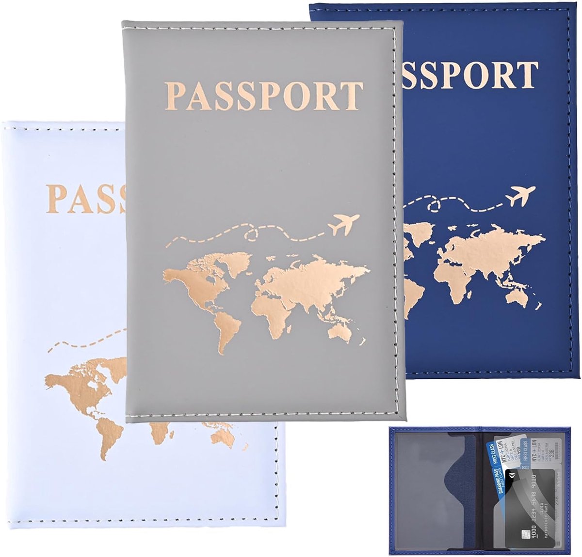 SnelShoppen - 3 stuks Paspoorthoezen Set - PU-leer, Duurzaam, Waterbestendig, Donkerblauw, Grijs, Lichtblauw - Perfect voor Familiereizen en Zakenreiz