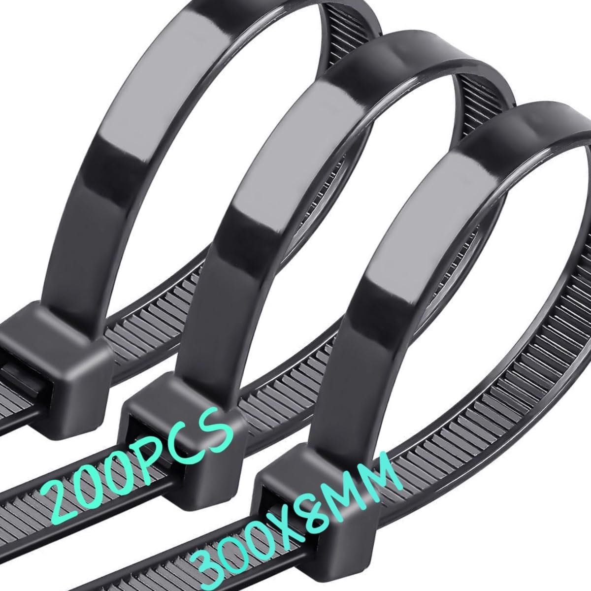 SnelShoppen - Pack van 200 Grote Lange Kabelbinders 300mm x 8mm, UV Bestendig, Ultra Sterk met 70 kg Treksterkte, Zwart voor Tuin, Klussen, en Organis