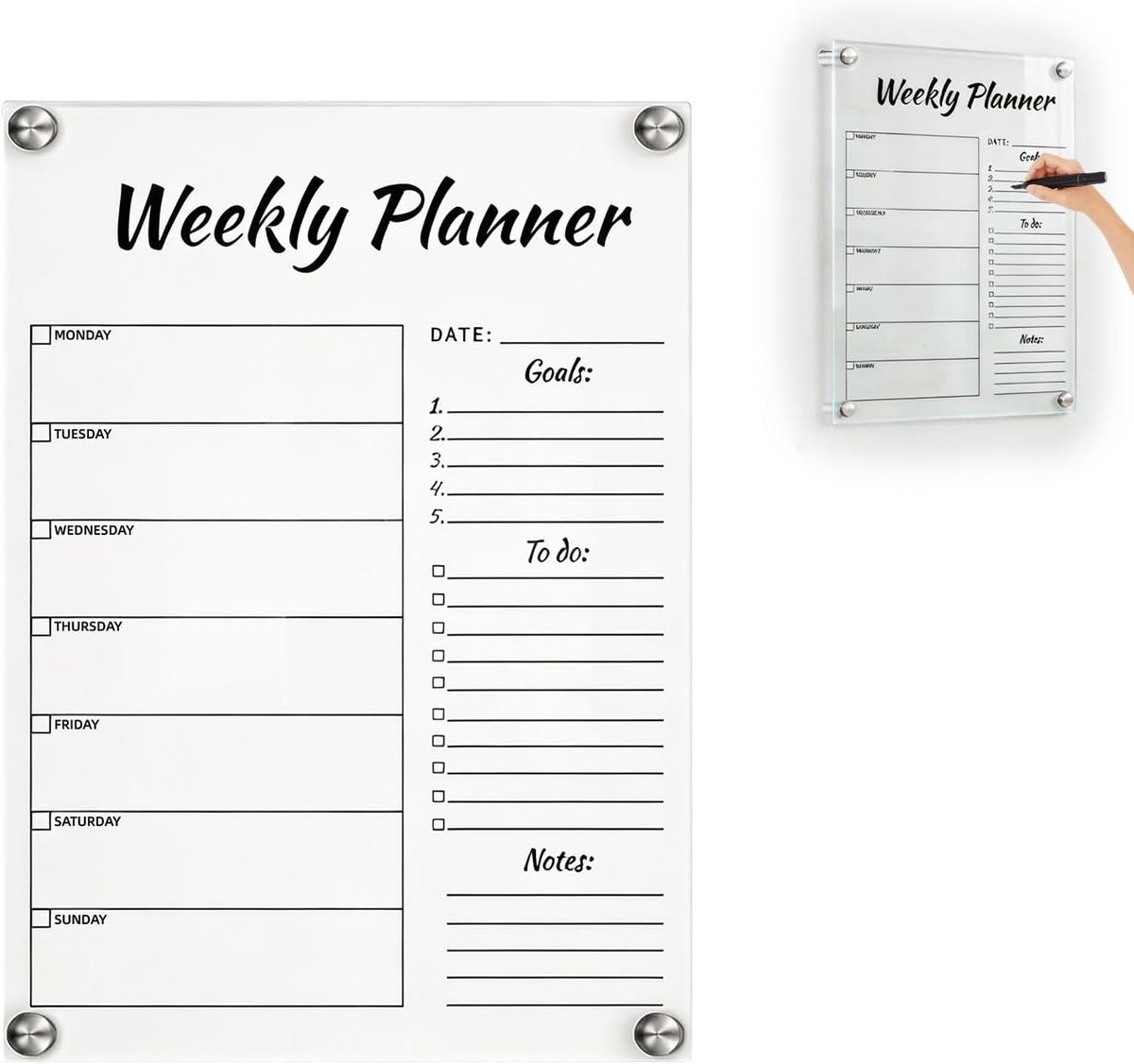 Weekplanner Acryl - Afwisbaar Bord - Taken Organiseren - Herbruikbaar Ontwerp - 30 x 21 cm - Transparant