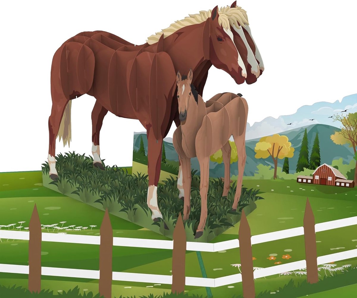 SnelShoppen - 3D Pop-Up Kaart Paard met Veulen - Unieke Verjaardagskaart voor Paardenliefhebbers - Groetekaart voor Rijlessen, Rijvakanties, Geldcadea