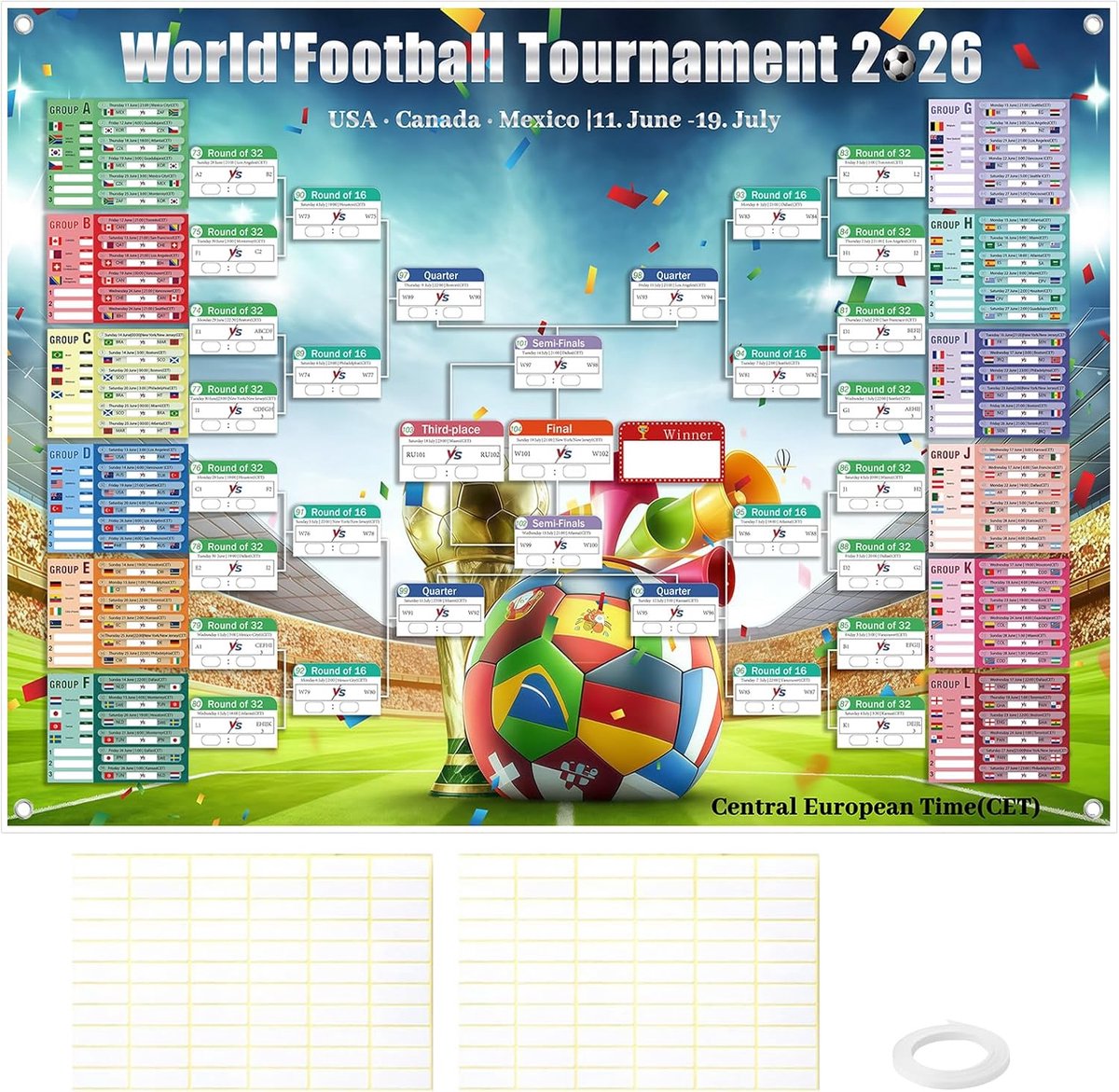 SnelShoppen - Poster Wereldkampioenschap Kalender 2026 150 x 100 cm met Ophangkoord en Correctiestickers, Voor 48 Teams en Wedstrijdinformatie, Ideaal