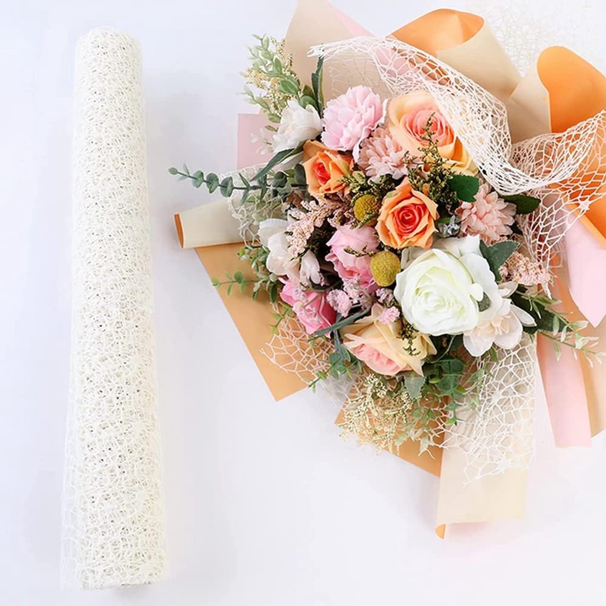 SnelShoppen - Korean Style Jacquard Net Gauze Openwork Floral Wrapping Paper - 2 Rollen 50cm x 5m - Milky White Eco-vriendelijk Cadeaupapier voor Bloe