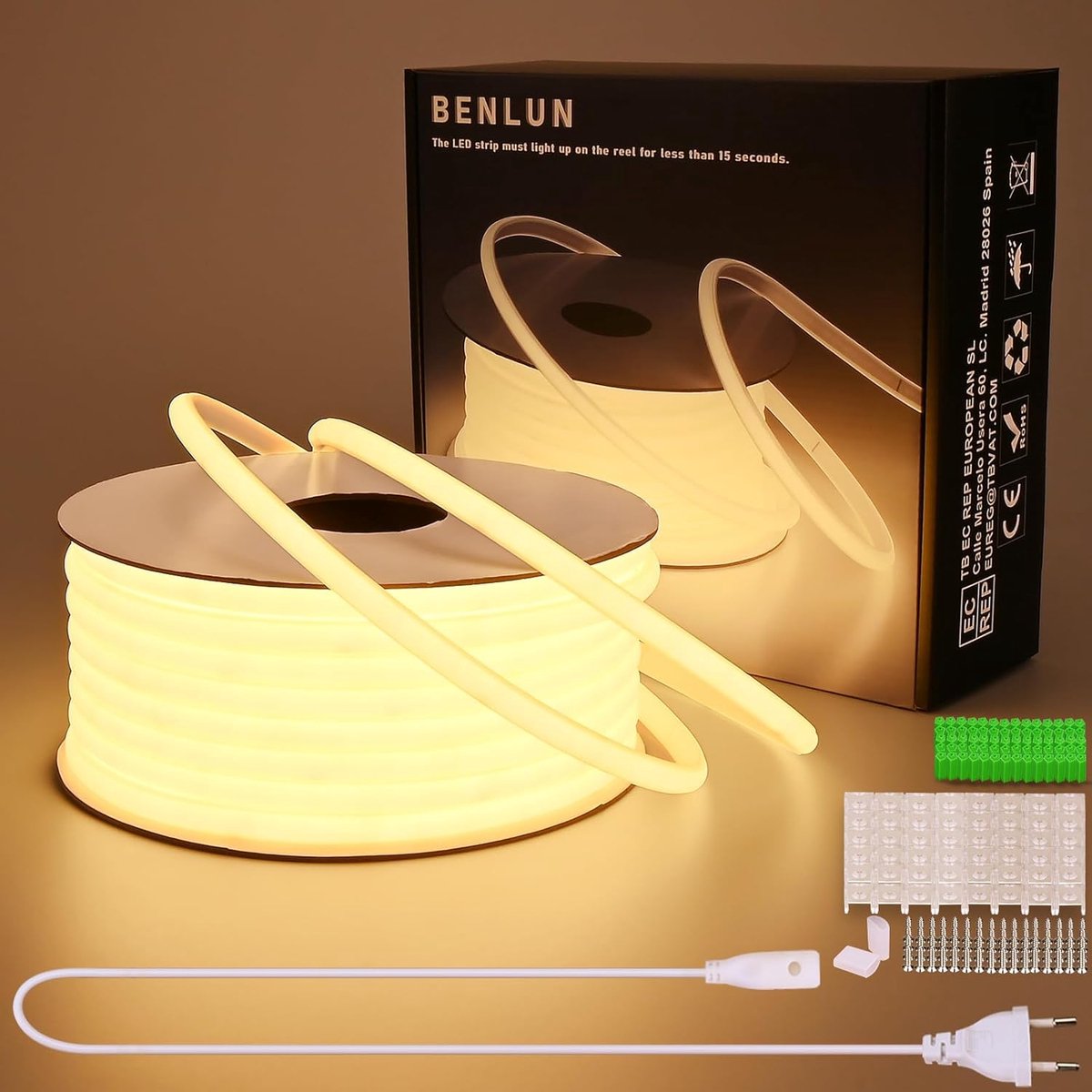 SnelShoppen - 30m COB LED Strip 3000K Warm Wit, Waterproof, Flexibel en Snijbaar, 10W/M, CRI 90+, Voor Binnen en Buiten, Tuin, Woonkamer, Slaapkamer,