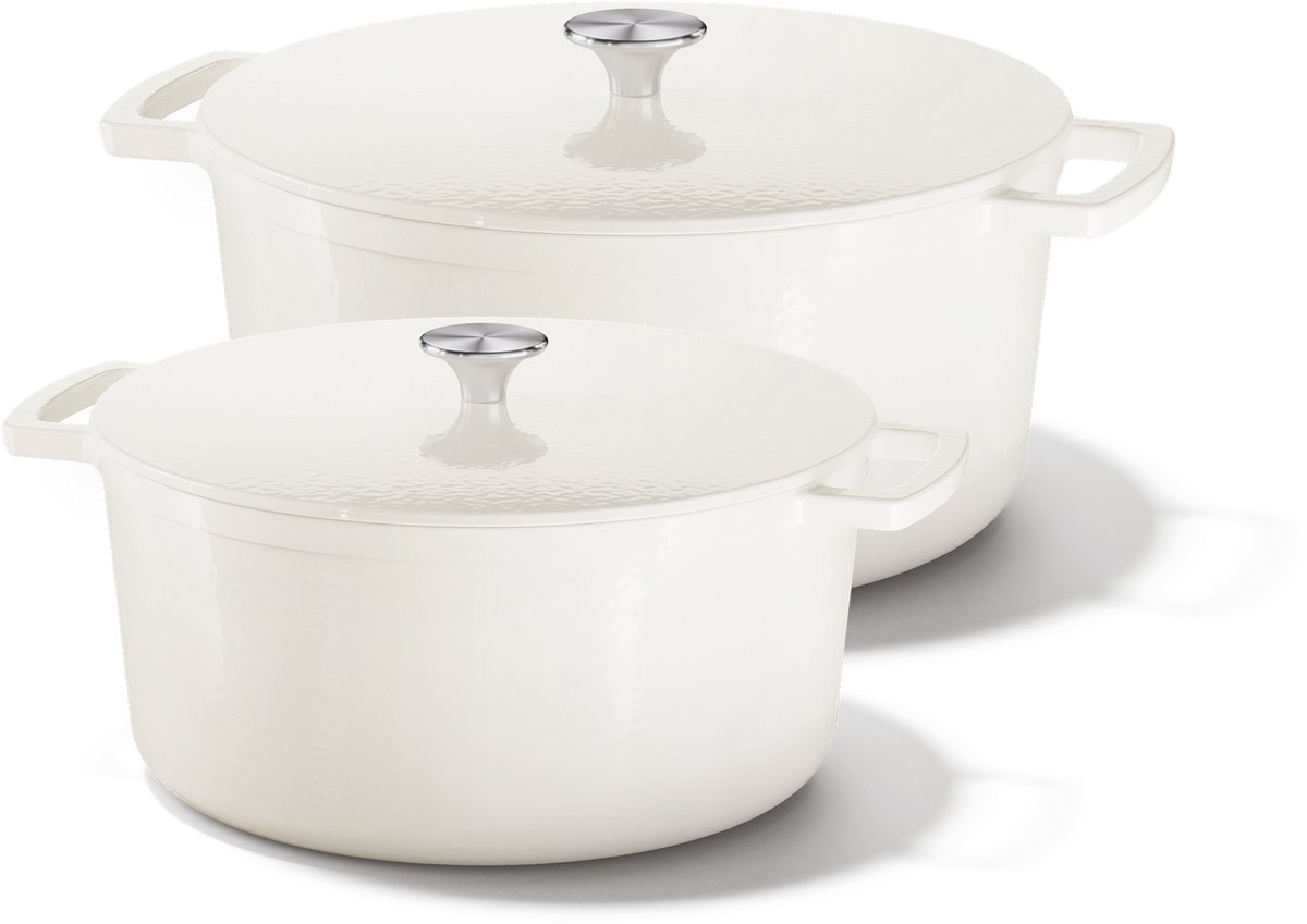 Cook & Pan - Gietijzeren Braadpannenset 2-delig - PFAS vrij - Inductie - Non stick - 25 jaar garantie - Crème