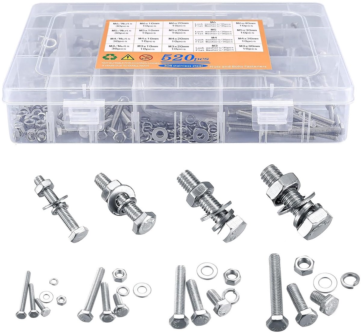 SnelShoppen - Screws and Nut Set 520 Stuks M3/M4/M5/M6 RVS Hex Schroeven en Moeren Assortiment met Wasmachines voor Diverse Klussen