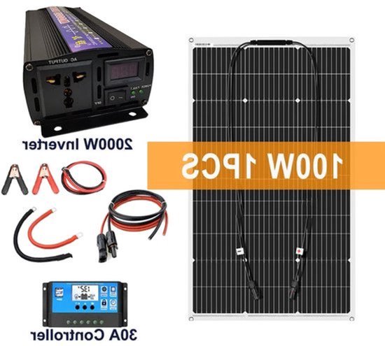 Zonnepanelen - Monokristallijne Zonnepaneel Kit - Flexibel - Zonne Energie - 100W - met Omvormer - Waterdichte - voor Camping, RV & Thuisgebruik, 12V Opladen met Batterij