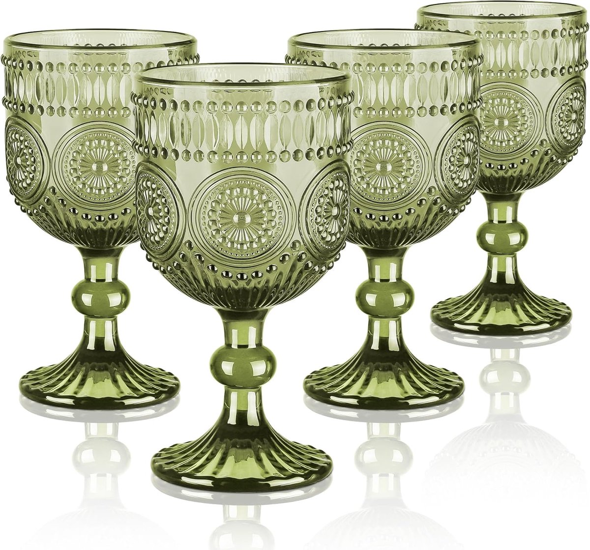 SnelShoppen - Set van 4 Vintage Groene Glazen Wijnbekers 350ml met Zonnebloem Motief, Elegante Embossed Drinkglazen voor Feesten, Bruiloften en Kerstd