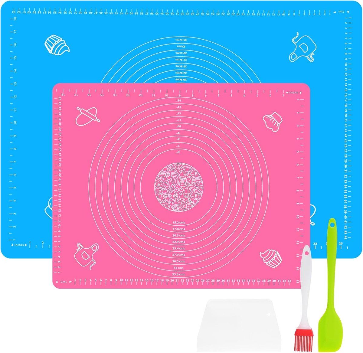 SnelShoppen - Silicone Bakmat Set van 2, Antikleef, Antislip, Flexibel, BPA Vrij, Inclusief Deegschraper en Siliconen Kwast, Voor Brood, Pizza, Fondan