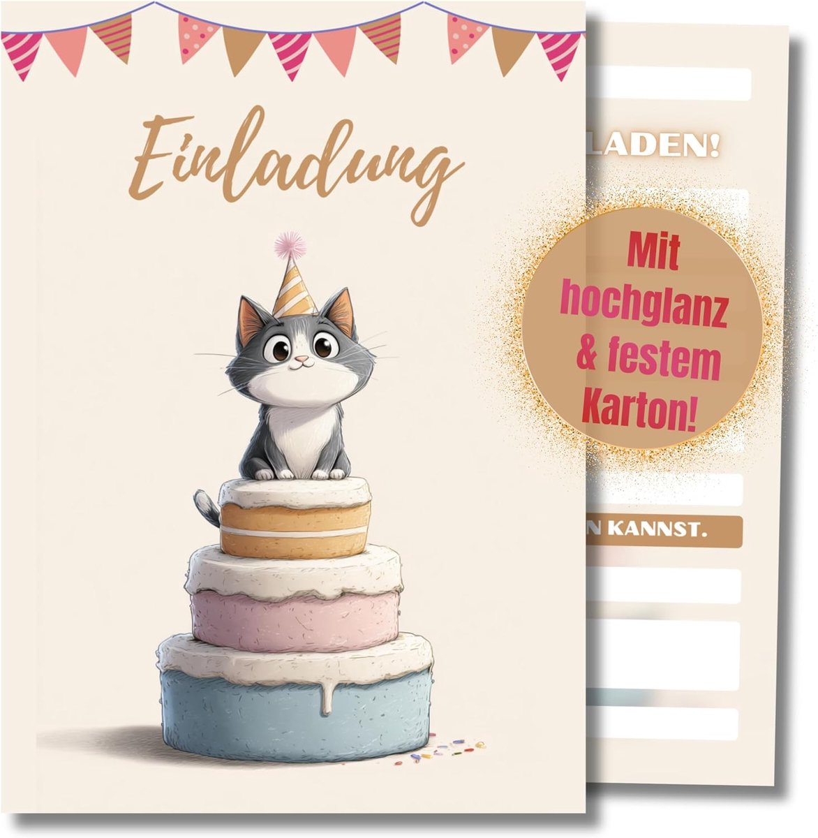 SnelShoppen - 12 Stuks Kat Verjaardagsuitnodigingen Kinderen DIN A6 (10.5 cm x 14.8 cm) - Feestuitnodigingen voor Verjaardagsfeestje Meisjes en Jongen