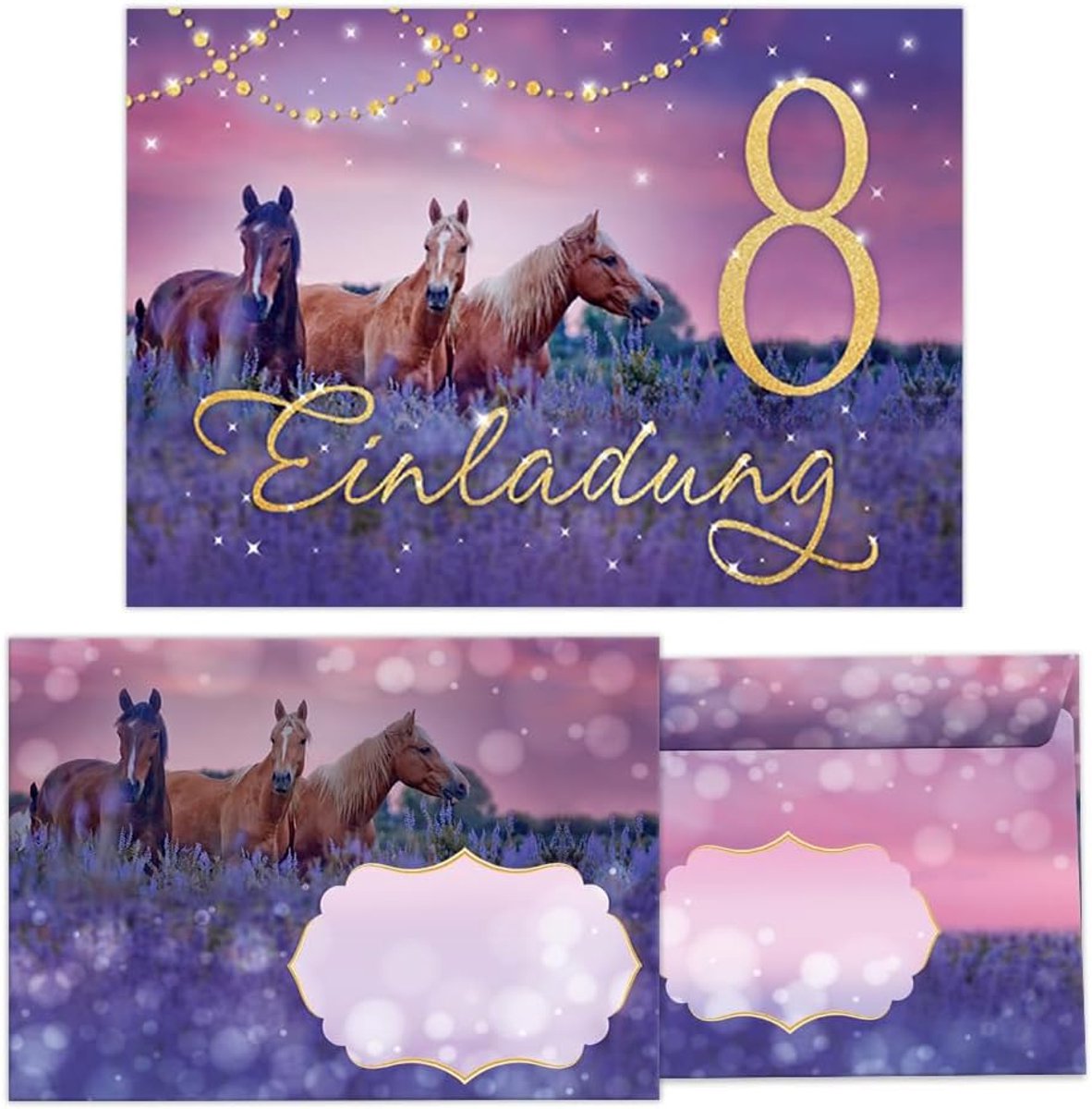 SnelShoppen - 12 Uitnodigingskaarten voor 8e Verjaardag Meisje met Paarden + 12 Enveloppen - 10.5x14.8 cm - Kinderen - Feest - Zelfklevend - Hoge Kwal
