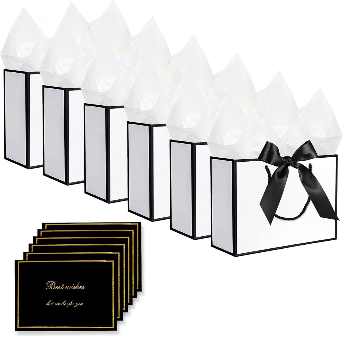 SnelShoppen - 6 Pack Gift Bags met Handvat en Strik, Grote Cadeautassen in Wit-Zwart, Inclusief 6 Wenskaarten en 6 Zakdoeken, Perfect voor Verjaardage