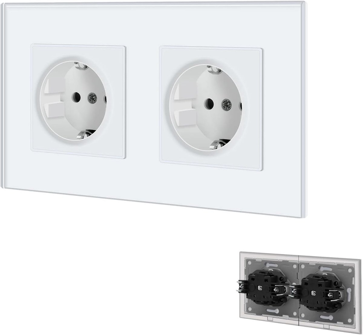 SnelShoppen - Wandcontactdoos met Glasplaat, Dubbel Schuko-stopcontact, 16A, 250V, Inbouwstopcontact voor Keuken, Slaapkamer, Kantoor, Hotel, Wit, Met