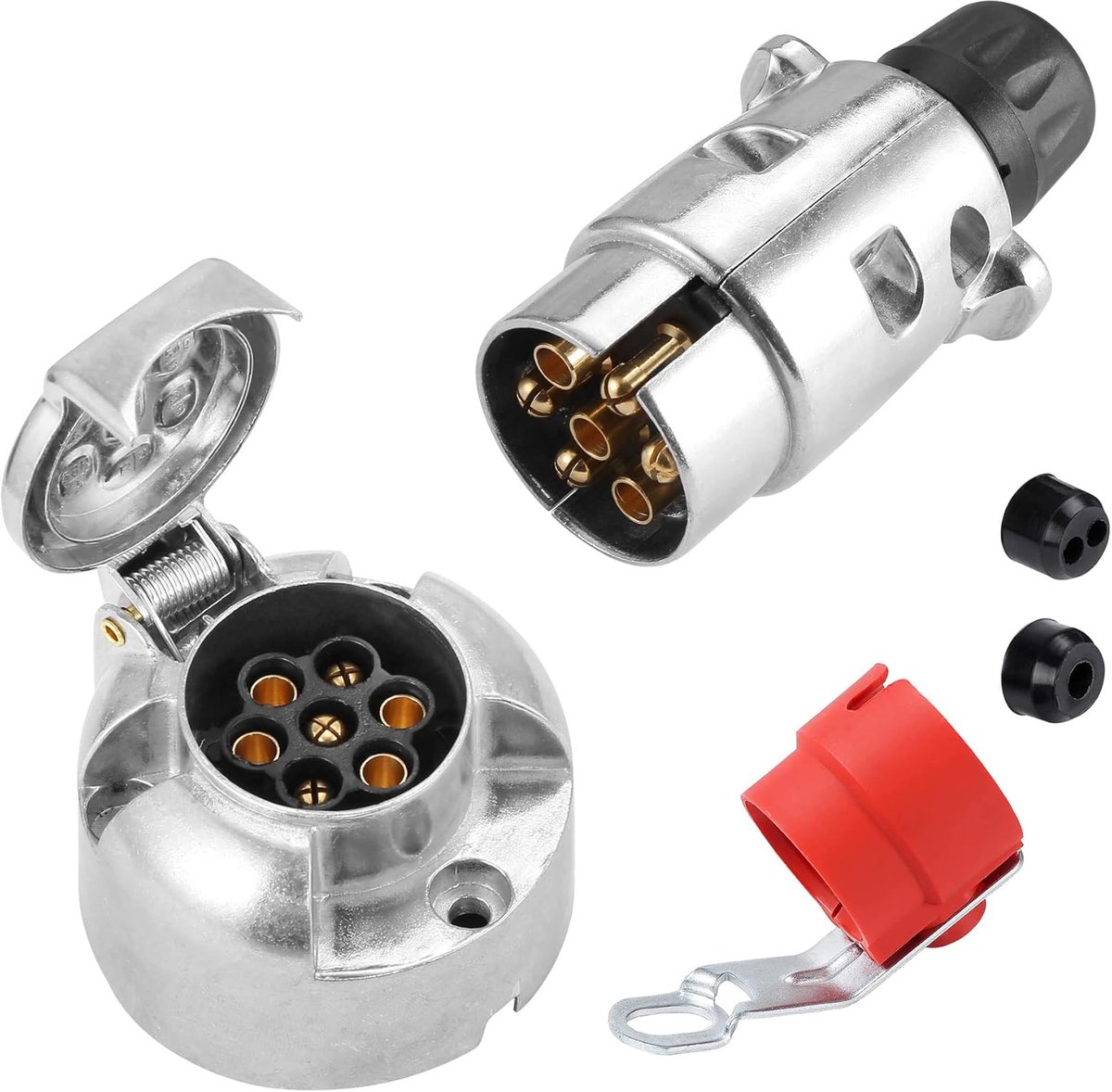 SnelShoppen - 7-Pin Metalen Socket en Stekker Pendant 12V Waterdichte Plug voor Caravan en Trailer met Rode Aansluiting