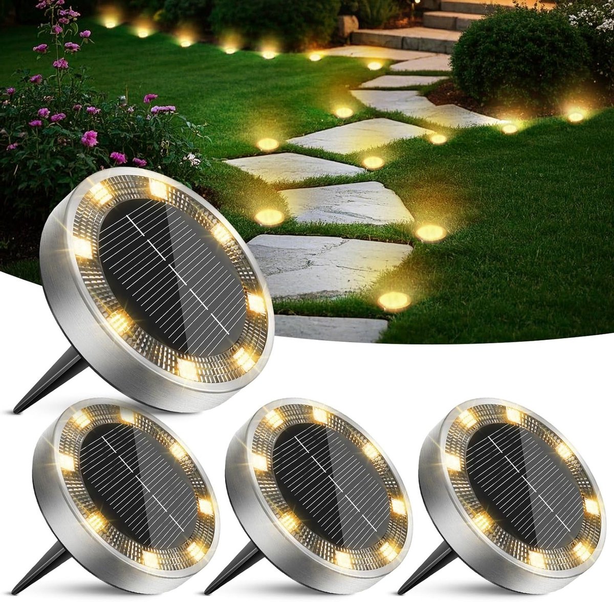 Vloerlamp op zonne-energie - 4 stuks, waterdichte zonnelamp voor tuin, paden, oprit, terras en zwembad