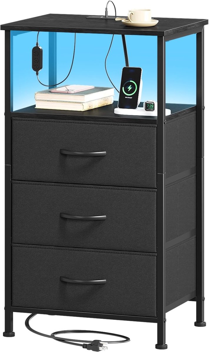SnelShoppen - Nachtkastje met 3 Stoffen Lades, 2 AC Stopcontacten, 1 USB en 1 Type C, Zwart, Multifunctioneel Opbermeubel voor Slaapkamer en Woonkamer