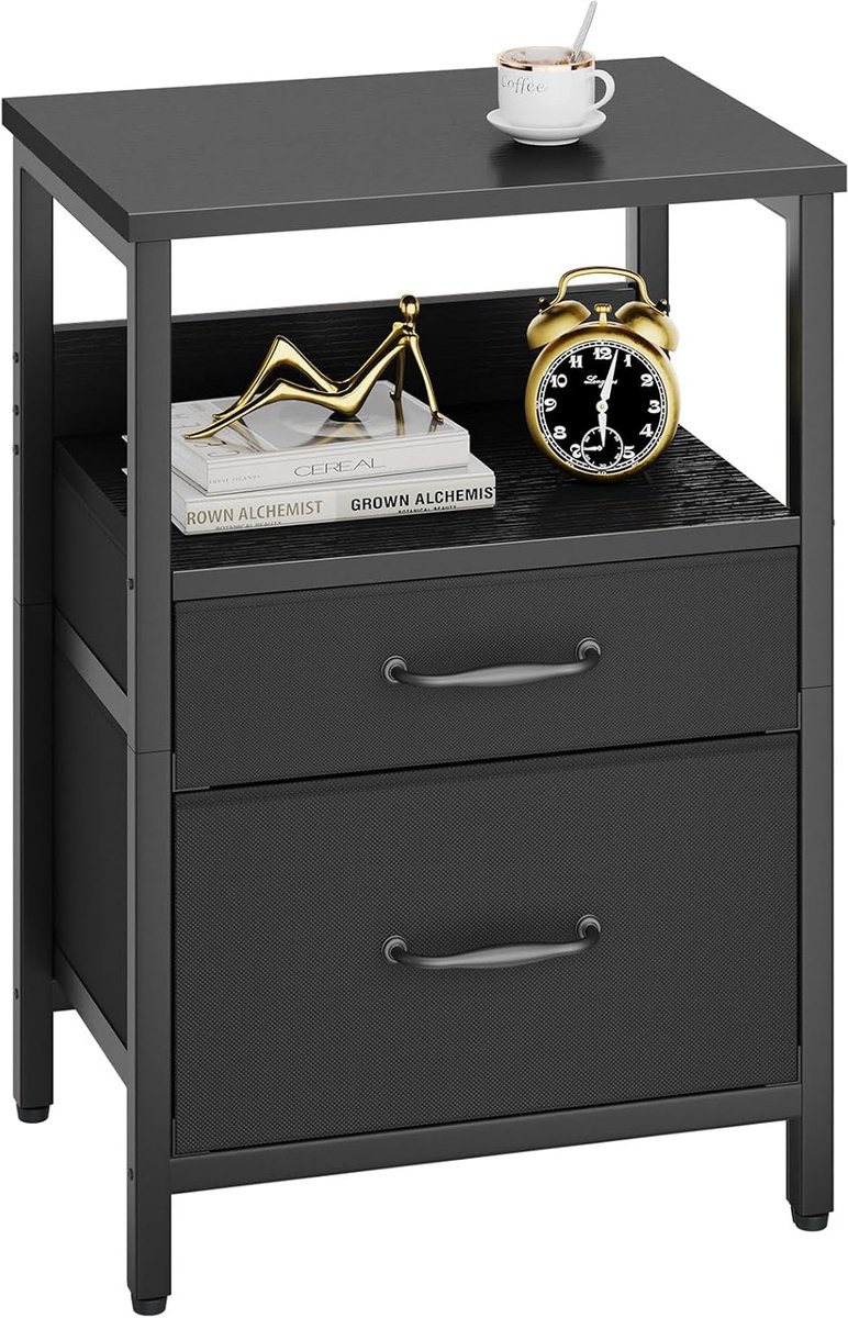 SnelShoppen - Bedside Table met 2 Stoffen Lades, Open Opbergplek, Stalen Frame, Modern Ontwerp, Nachtkastje, Zijkastje, Opbergmeubel voor Slaapkamer e